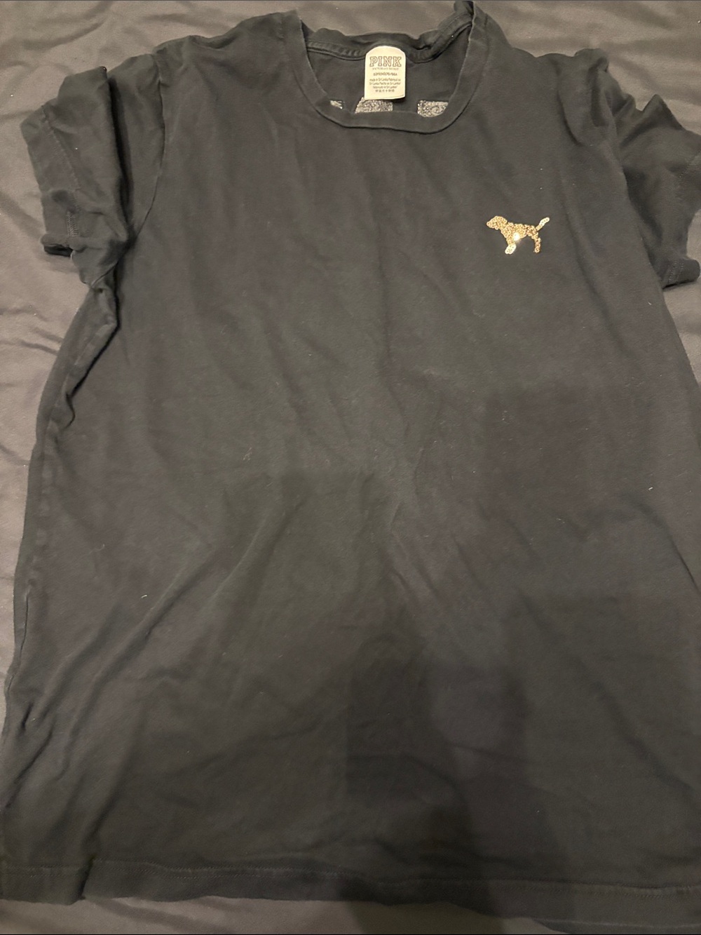 PINK Victoria's Secret Black Short Sleeve Tee with Gold Dog Logo
